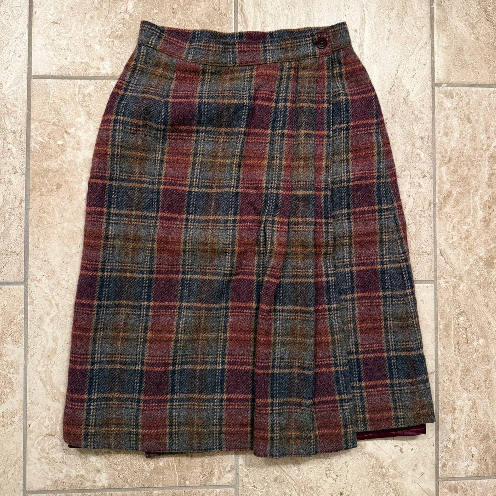 Jack Winter Vintage Wool Plaid Wrap Skirt Burgundy Navy Blue Tartan Size 8